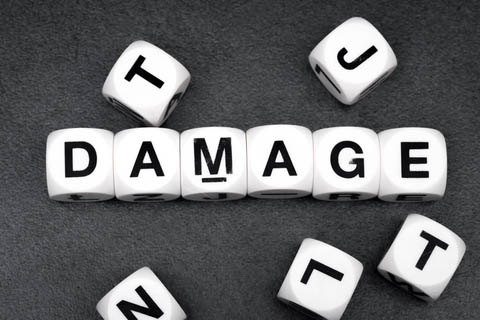 Black background with white blocks that form the word, "Damage"